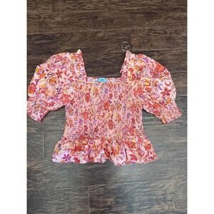 CeCe Womens Blouse L Pink Floral Smocked Puff Sleeve Square Neck Boho
